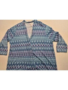 Chicos Womens Open Front Cardigan Sweater Blue Purple Metallic Zigzag Size 2